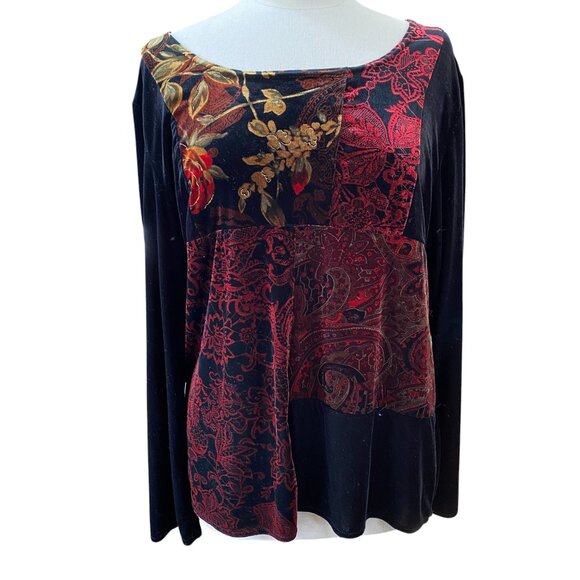 Vintage Velvet Patchwork Whimsigoth Shirt Sz L Red Black Artsy Jewel Tone Asian - Picture 1 of 12